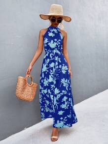 Breezaya Đầm Maxi In Nhiều Lớp Viền Thắt Lưng Halter Trang Phục Đi Biển Cho Nữ - Xanh đậm - Xem 5
