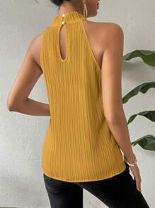 Chiquease 女士优雅纯色纹理挂脖衬衫，适合通勤 - 黃色 - 查看 2