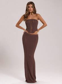 SHEIN BAE 2 pezzi/Set Donna Top a Canotta e Gonna Monocolore, Estivo - Caffè Marrone - Visualizzare 3