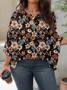SHEIN LUNE Maglietta casual oversize da donna con stampa floreale vintage, scollo tondo, manica 3/4, adatta per primavera ed estate, disponibile in taglie comode