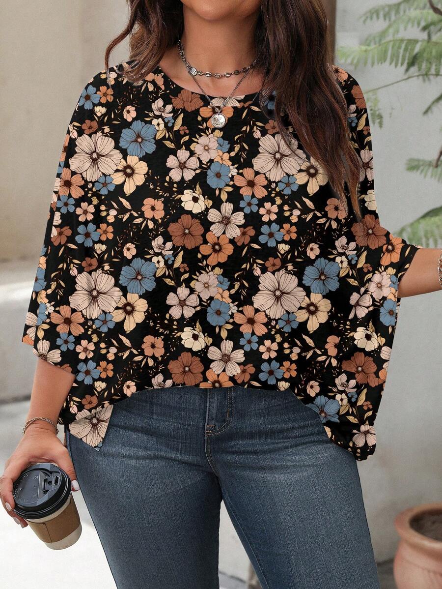 SHEIN LUNE Maglietta casual oversize da donna con stampa floreale vintage, scollo tondo, manica 3/4, adatta per primavera ed estate, disponibile in taglie comode