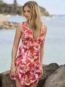 Aralina Floral Print V Neck Sleeveless Summer Vacation Tie Back Mini Dress - Red - View 5