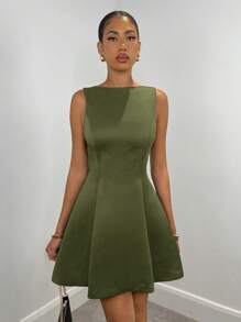 SHEIN BAE Vestido elegante con cintura ceñida y estilo evasé sin mangas de unicolor, adecuado para primavera, verano, vacaciones y citas