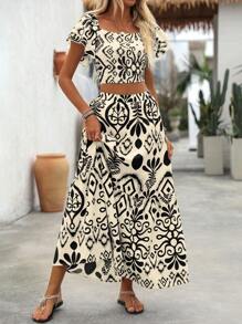 Breezaya 2 件套女士节日植物印花荷叶边袖衬衫和迷你裙套装 - 杏色 - 查看 4