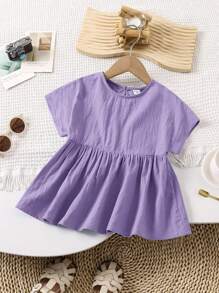 SHEIN LMoss Kids LMoss Young Girl Young Girl Woven Solid Color Loose Casual Blouse With Round Neck & Bowtie - Purple - View 2