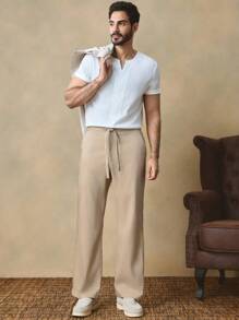 Manfinity VCAY 男士休闲轻便户外通勤度假深卡其色薄款舒适抽绳竹节混纺锥形长裤