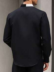 Manfinity Homme Áo sơ mi nam tay dài cài nút phía trước, màu sắc đơn giản, mùa thu - Đen và trắng - Xem 2