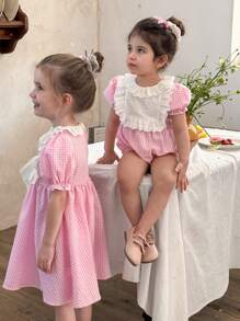 LMoss Kids 女婴编织格子撞色领连体衣