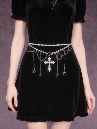 Grunge Punk Retro Pentagram Tassel Cross Waist Chain