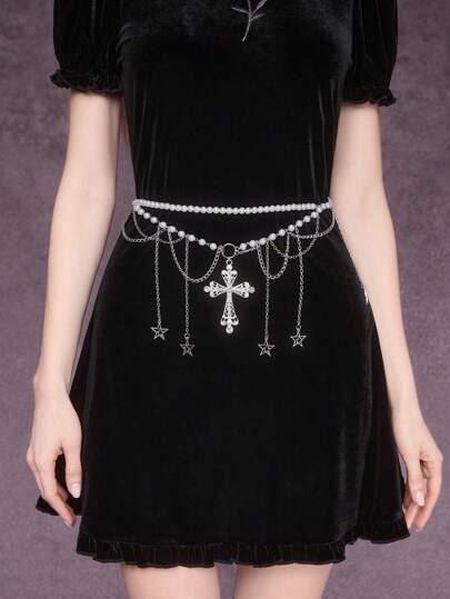 Grunge Punk Catena per vita retrò con pendente a forma di pentagramma e nappe