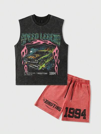 Street Life Men's Vintage Washed Letter & Car Print Tank Top And Shorts Set