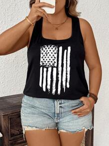 EMERY ROSE 女士休闲复古做旧美国国旗印花宽松吊带背心，适合夏季 - 黑色 - 查看 3