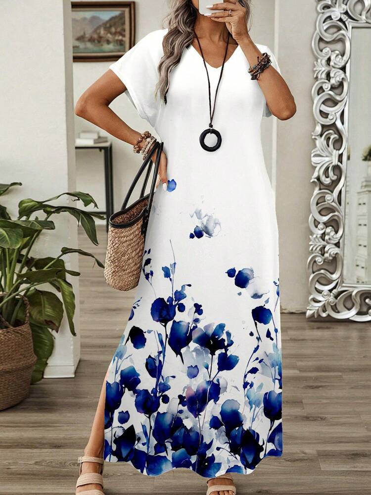 Women's V-Neck Short Sleeve Casual Dresses, Fashionable For Summer Chic Dress