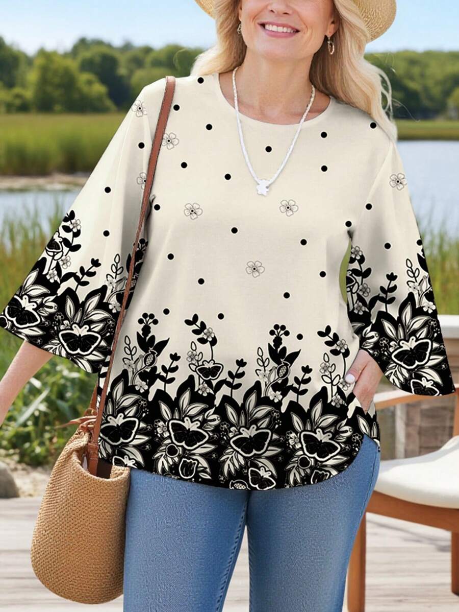 EMERY ROSE Plus Size Women's Casual All-Over Print Loose Round Neck 3/4 Sleeve Blouse, Suitable For  Chic Blouses For Women,Flower/Spring/Summer/Vacation - Apricot - View 1