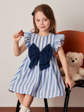 PrepCrw 年轻女孩蓝白条纹大蝴蝶结装饰荷叶边袖 A 字裙，春夏