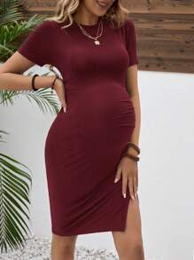 SHEIN Pregnant Women Summer Solid Color Pleated Split Bodycon Dress Maternity Dress - Burgundy - View 3