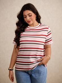 Elaquor Plus Size Vacation Color Block Striped Casual Summer Short T-Shirt - Red - View 3