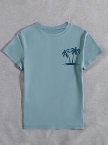 女式日落和棕榈树字母图案印花圆领短袖 T 恤，蓝色上衣，适合休闲、户外、节日穿着，四季皆宜 - 霧霾藍 - 查看 3