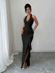 Elenzga 女士时尚粉色优雅修身无袖奢华长裙 - 黑色 - 查看 5