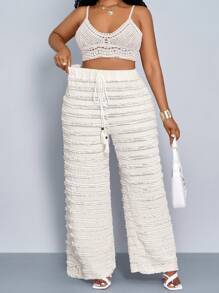 Maweii 大码女式纯色春夏度假时尚蕾丝面料流苏绳宽松阔腿裤，时尚长裤