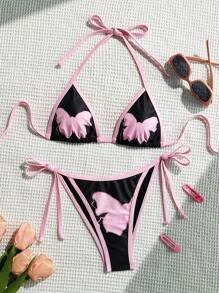 SHEIN Swim Event 2pcs/Set New Women Swimwear, Micro Triangle Pink Butterfly Print Halter Top And Pink Side-Tie Triangle Bottoms, Suitable For Beach, Vacation, Swimming, Music Festival, Fashion Party - Black - View 2