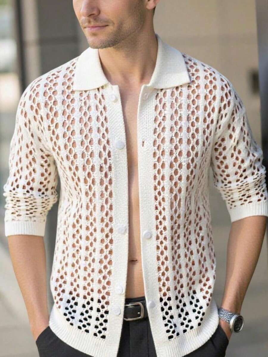 Manfinity RSRT Men's Solid Color Open Front Long Sleeve Mesh Cardigan, Simple & Fashionable, Suitable For Summer Crochet - White - View 1