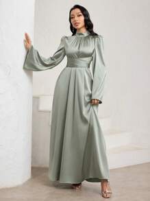 Veilorie Women's Solid Color Stand Collar Lantern Sleeve Elegant Arabian Dress Women Formal Party - Green - View 7