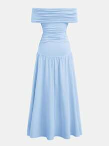 SHEIN Girlism Teen Girl Blue Color, Elegant Retro,Back To School/Party Outfits,Birthday Outfits,Prom Dress, Knitted One-Shoulder Pleated Long Dress - Baby Blue - View 2