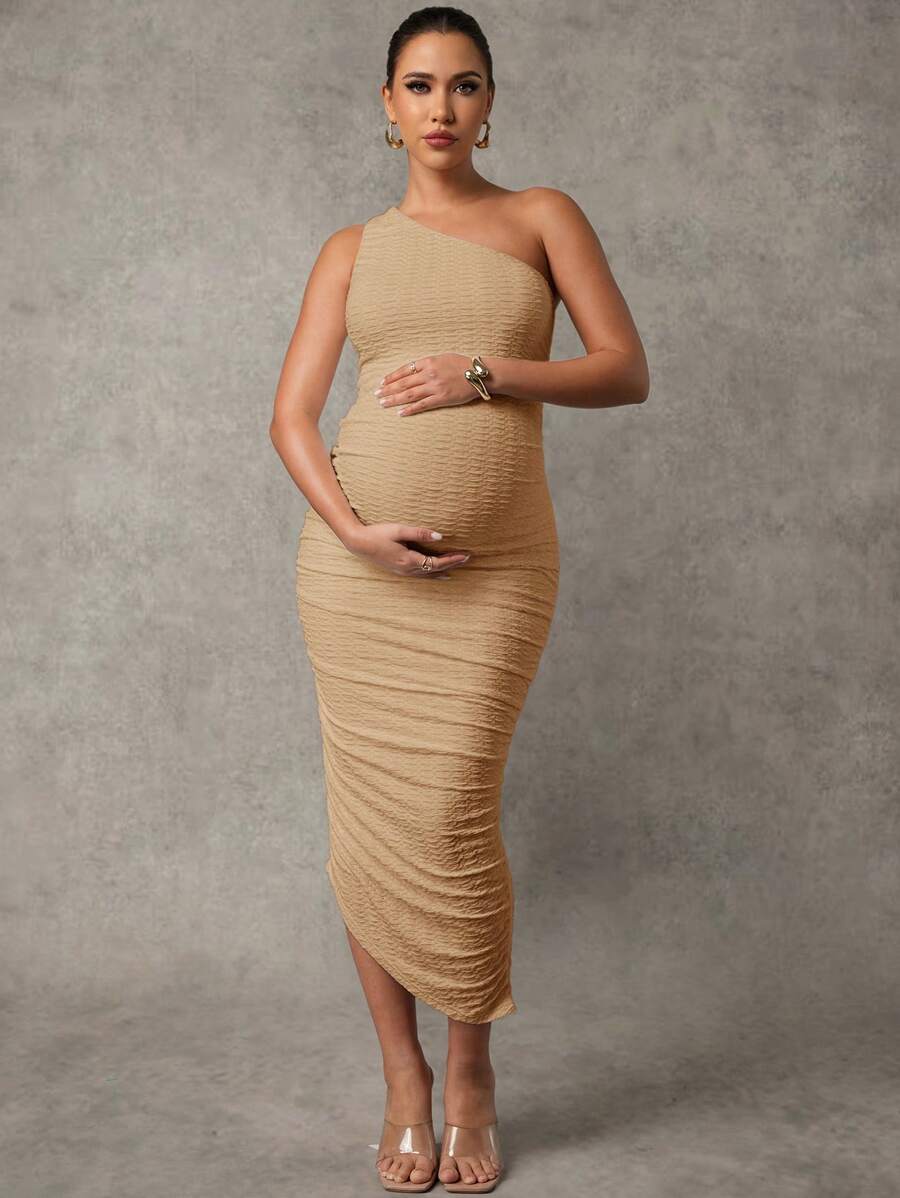 MaterniChic Pregnant Women's Solid Color Sleeveless Ruched Fitted Dress Maternity Dress - Khaki - View 1