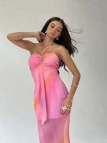 Aloruh Vestido largo elegante con echarpe de color degradado y empalmes - Rosa Fucsia - Ver 5