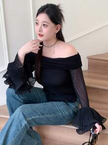 Modelyn Áo trễ vai xếp ly tay loe thời trang cỡ lớn cho nữ - màu đen - Xem 6