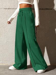 SHEIN Tall CURVE Plus Size Women's Casual Extra Long Knitted Fabric Pants With Pockets In Dark Green - Dark Green - View 4