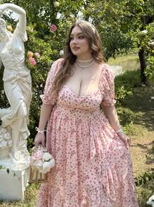 Lyrianda Vestido de fiesta estilo princesa de talla grande con cuello cuadrado y estampado floral pequeño en rosa pálido, con detalles de encaje retro, cintura ceñida y mangas abullonadas para mujeres, ideal para San Valentín, con motivos de rosas, corazones, lunares, amor, labios y Cupido