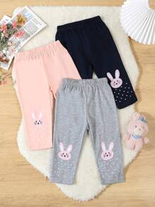 3 双婴儿/幼儿可爱兔子印花松紧腰紧身裤，舒适休闲 - 彩色 - 查看 1