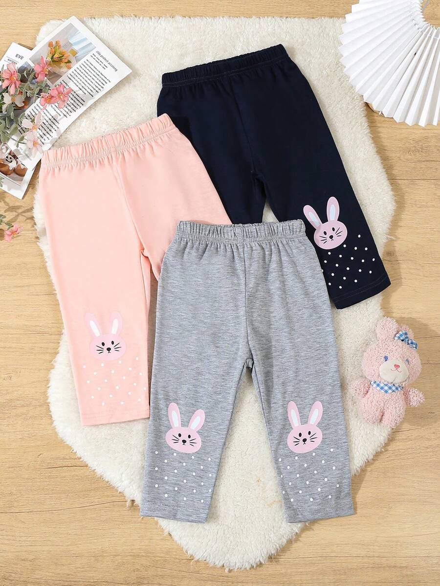 3 双婴儿/幼儿可爱兔子印花松紧腰紧身裤，舒适休闲 - 彩色 - 查看 1