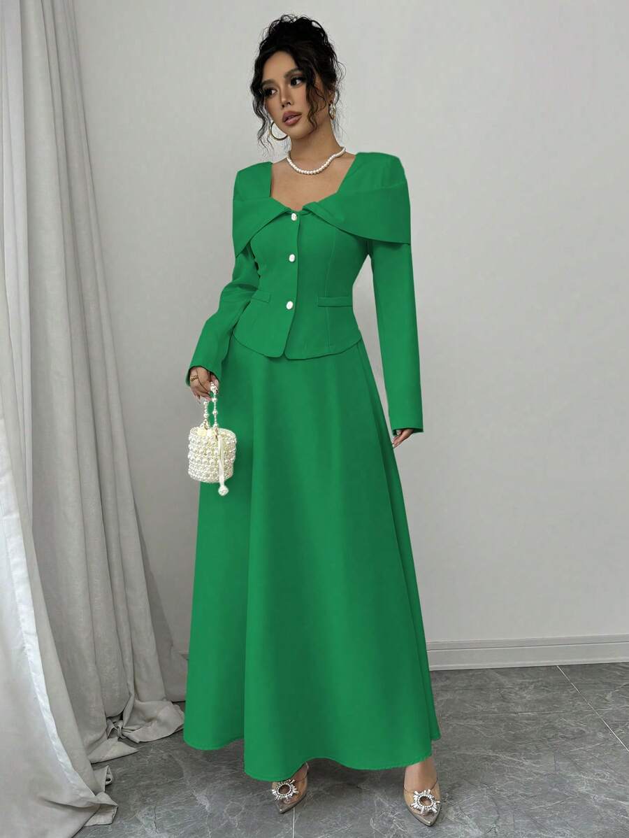 Elenzga Women's Elegant Commuter Solid Color Jacket And Extra-Long A-Line Skirt 2 Pieces Set Fall Cloth For Women - Green - View 1