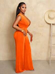 BamGleam Women's Solid Color Sexy Deep V-Neck Backless Wide Leg Jumpsuit