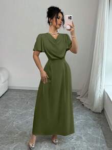 Elenzga Vestido largo de satén color champán con diseño de cuello drapeado, ajuste en la cintura y lazo en la espalda, adecuado para el Día de San Valentín y la temporada de bodas