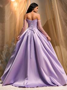 Glamrae Rochie elegantă, luxoasă, cu bule, cu mâneci detașabile, fără bretele, din satin, cu fantă înaltă, în coadă de pește, potrivită pentru nunți, petreceri, vacanțe, gale, evenimente formale (stil înfrumusețat) - Violet - Vizualizare 4