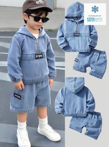 DENIMLY Baby BOY CASUAL PREPPY OUTDOORSY SPORTY COOL MAX COTTON DENIM HOODIE TOP & CARGO DENIM SHORTS DENIM Two Pieces OUTFIT, With Zip Closure And Patch Detail,. - Light Wash - View 1
