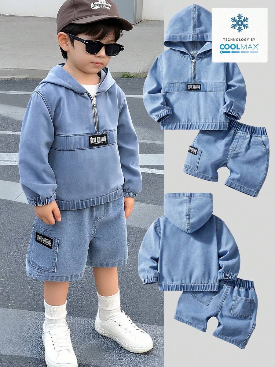 DENIMLY Baby BOY CASUAL PREPPY OUTDOORSY SPORTY COOL MAX COTTON DENIM HOODIE TOP & CARGO DENIM SHORTS DENIM Two Pieces OUTFIT, With Zip Closure And Patch Detail,. - Light Wash - View 1