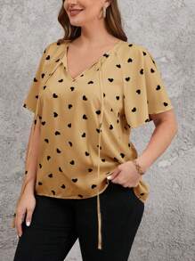 SHEIN Clasi Plus Size Elegant Bow Collar Ruffle Sleeve Heart Print Summer Shirt - Apricot - View 5