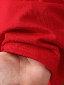 SHEIN Playful Pals 男嬰 Polo 領長袖 T 恤，刺繡圖案，紅白配色，秋季休閒優雅風，生日派對與開學穿搭 - 紅色 - 查看 6