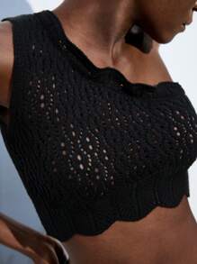 Maija Parte superior de chaleco minimalista y sexy de color negro para mujer, top corto de punto texturizado sin mangas adecuado para vacaciones de verano