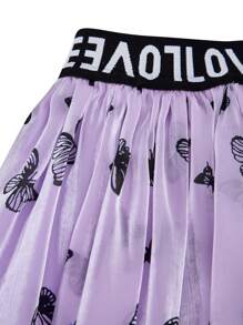 2pcs Tween Girls Ribbed Knit Short Sleeve Top Matched With Sequined Butterfly Fabric Skirt Set, Suitable For Daily Commute, Gatherings, Casual Outings Outfit For Girl
