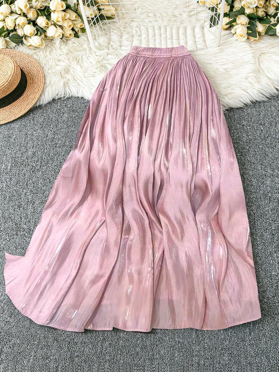 DreamSkyne 大码女式优雅浪漫缎腰 A 字裙，适合约会 - 粉色 - 查看 1