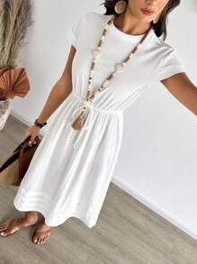 EMERY ROSE 女士休闲纯色抽绳腰连衣裙，非常适合度假 - 白色 - 查看 6