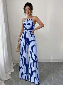 Elenzga Mono estampado con cintura para mujer, elegante para vacaciones y uso diario con cuello halter - Azul - Ver 5