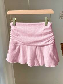 Comfortcana Summer Casual Solid Color Perforated Textured Ruched A-Line Mini Skirt - Pink - View 2