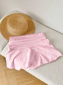 Comfortcana Summer Casual Solid Color Perforated Textured Ruched A-Line Mini Skirt - Pink - View 7